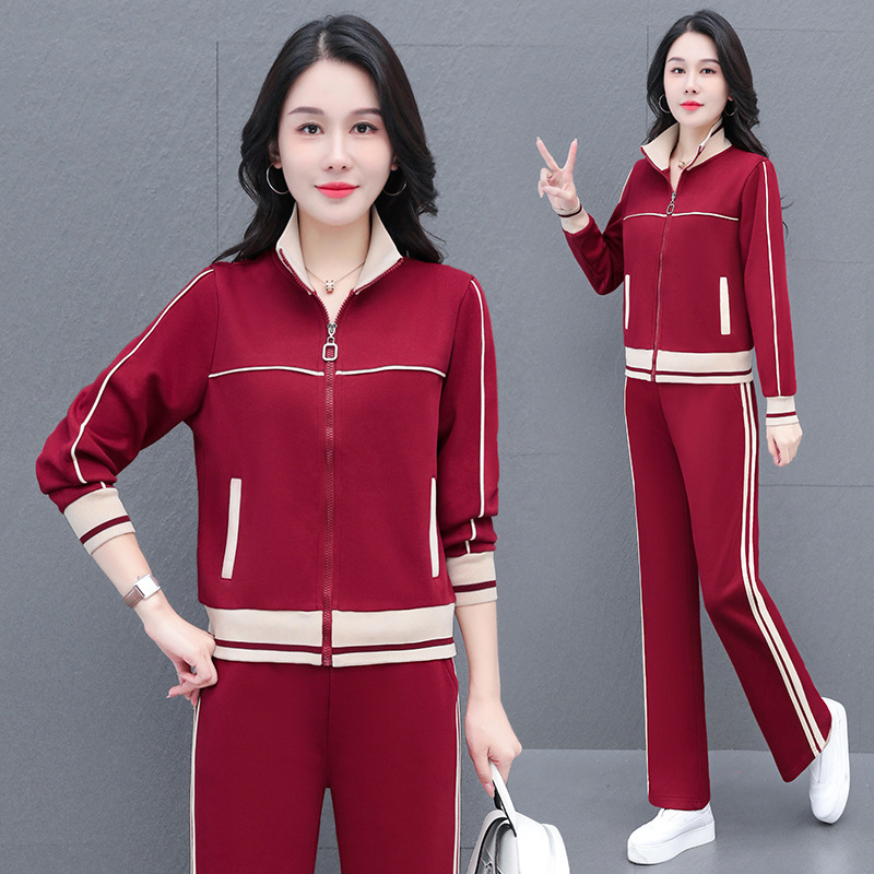 High Cotton Contrast Color Fashion Casual Sports suit Women's Spring and Autumn New Middle-aged Mother's Vertical Collar Cardigan Straight Western Style