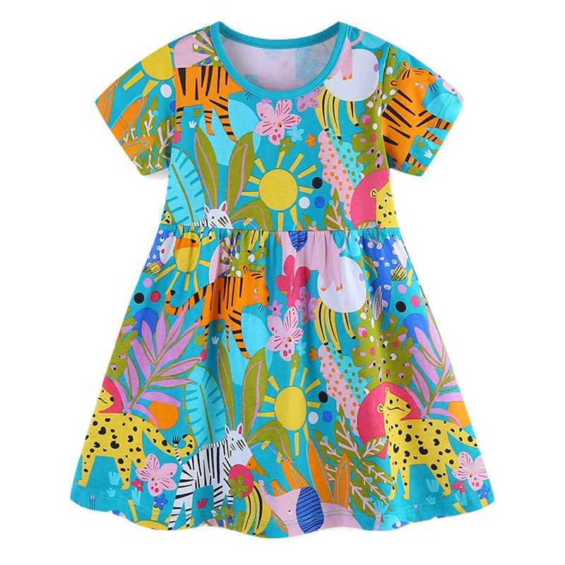 Novedad de verano, vestido para niñas, vestido de princesa con estampado de animales de dibujos animados, jersey de cuello redondo, vestido tejido de algodón de manga corta para niños