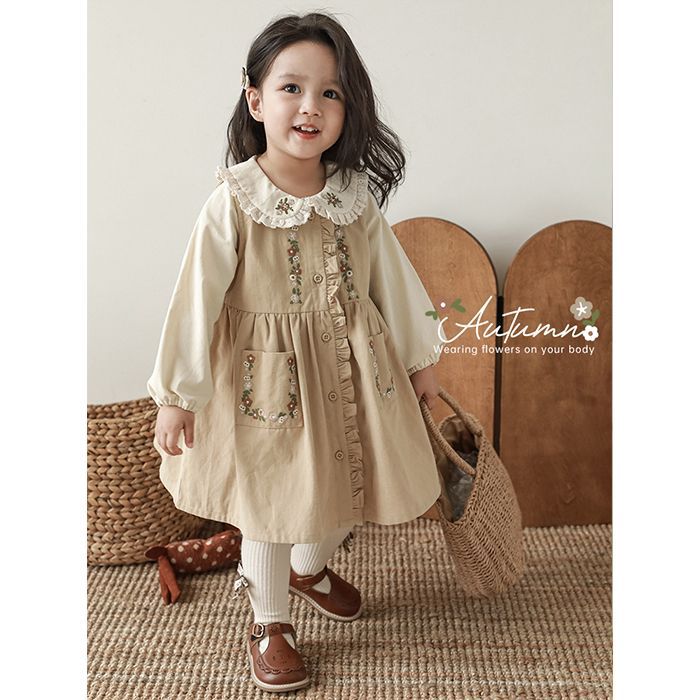 Wurib Girl Spring and Autumn suit Children's Fashion Ear Edge Embroidered Mori Style Dress Baby Fresh Shirt