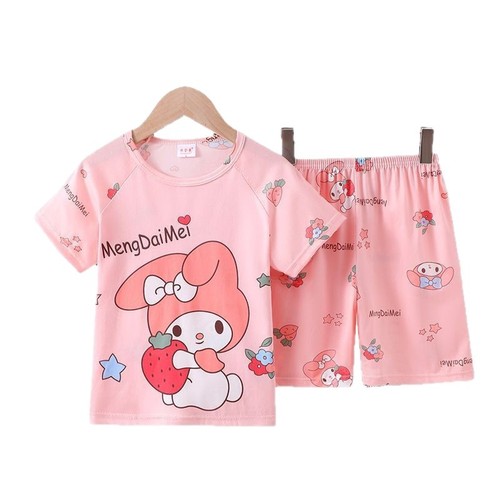 Whichone Children's Summer T-shirt Pajamas, Cartoon Casual Crew Neck Set, Onesie for Boys, Unisex, Short Sleeve
