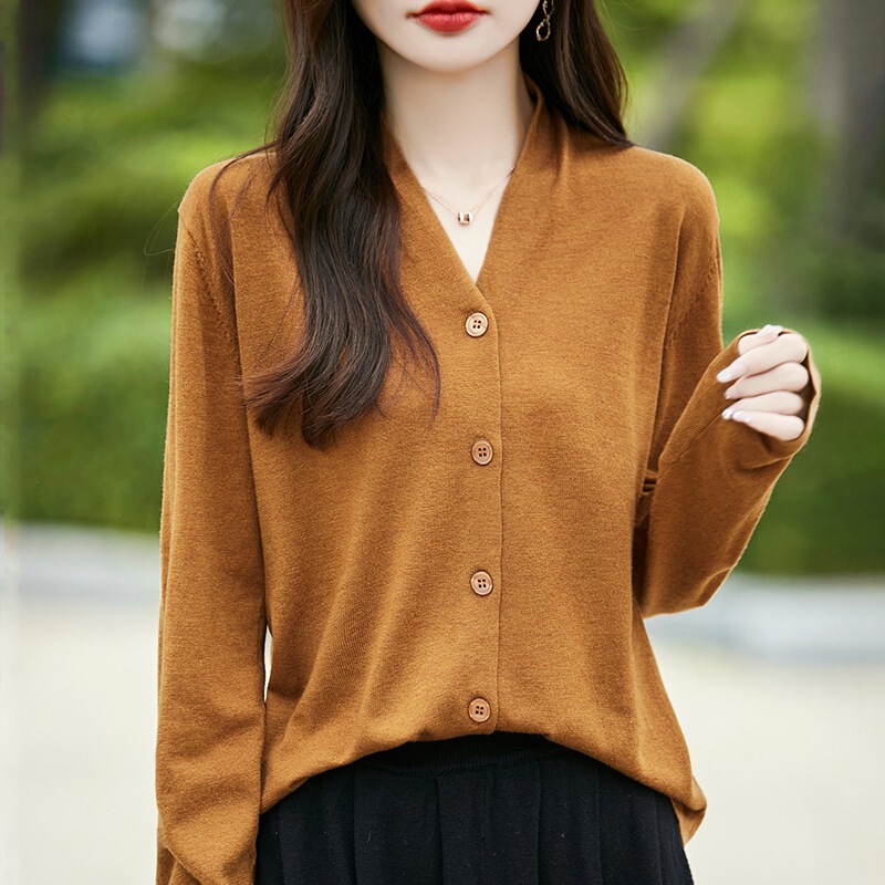 Autumn high-quality imitation wool cardigan for women, V-neck, neck-protecting, long-sleeved knit sweater, loose-fitting, solid color, versatile outerwear top