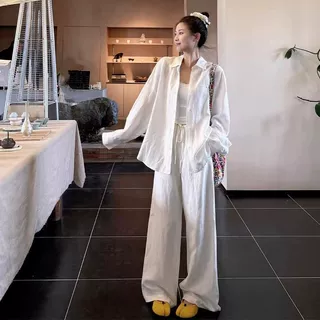 老钱风大码棉麻衬衫套装女夏季休闲松弛出游穿搭高级感防晒两件套