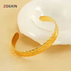 2024新款欧美钛钢几何开口可调节麦穗手镯女款不锈钢c形镀金手环