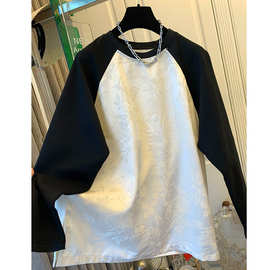 高级感新中式缎面撞色长袖T恤女装春秋新款大码圆领上衣百搭潮流