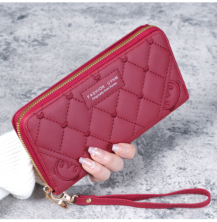 Cartera larga de mujer con cremallera única, bordado de color sólido, bolso embrague multifuncional de gran capacidad para teléfono móvil