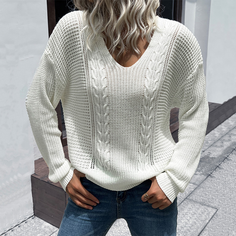 Solid Color Knitted Twist V-neck Casual Loose Sweater Pullover_voghion.com