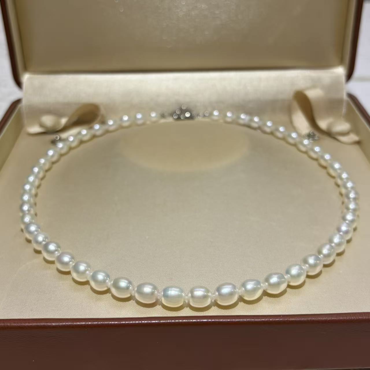 Freshwater Seedless Pearls, Rice-Shaped Pearl Necklace, 7-8mm Teardrop-Shaped Pearls, Mother's Necklace, Zhuji Pearls