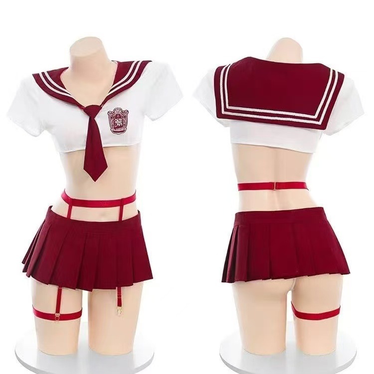 Japanese-Style Sailor Schoolgirl Costume Set with Top, Skirt, Thong and Red Ribbon Tie — detail image 6