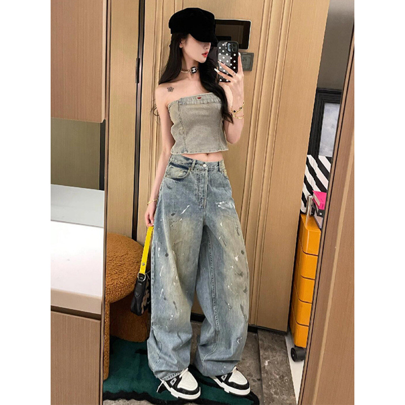 高个子美式复古泼漆涂鸦牛仔裤男女夏季设计感宽松显瘦阔腿拖地裤