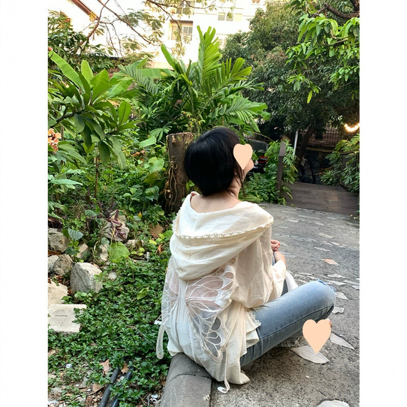 Милая стильная рубашка с капюшоном и вышивкой бабочки на спине для женщин, летняя модная рубашка с длинными рукавами в стиле для поездок на работу, топ