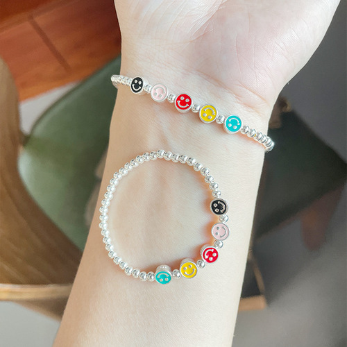 S925 Rainbow Children's Bracelet Korean Version Handmade Bead Rainbow Smiling Droplet Epoxy Five-Color Silver Bead New Model Parent-Child Bracelet