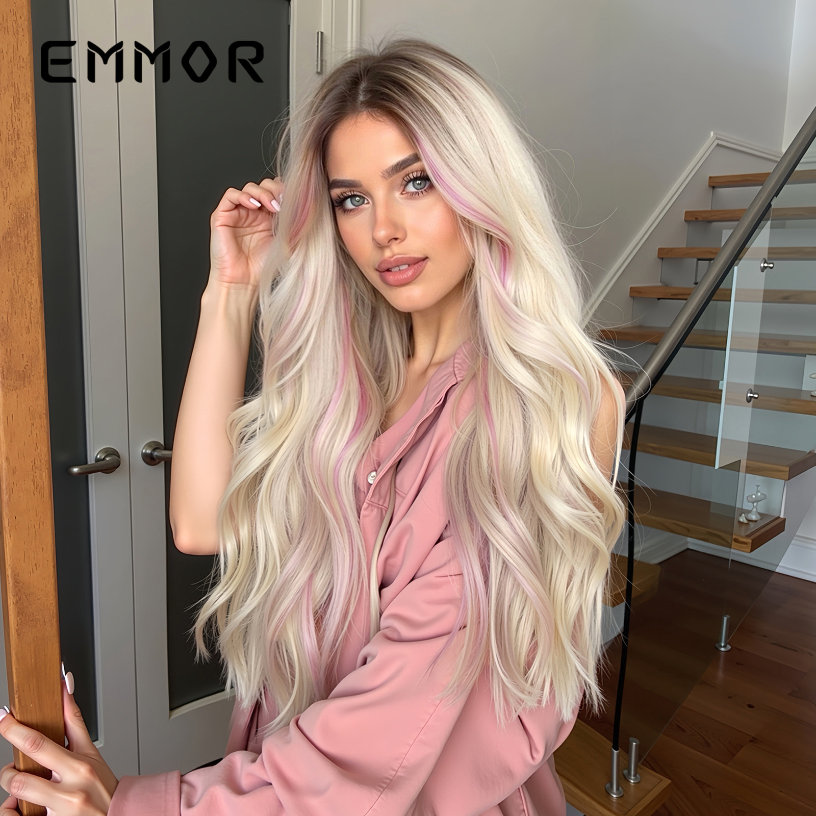 Transfronterizo europeo y americano nueva Peluca de las mujeres gradiente Medio Natural teñido de oro rosa largo pelo rizado completo superior peluca cabeza cubierta