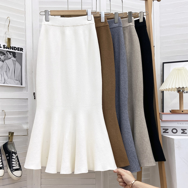 GraceChic Orta Boy Örme Denizkızı Etek Kadınlar İçin 2023 Sonbahar Kış Fransız Retro Çok Yönlü Yüksek Bel Dar Kesim Zarif Yarım Etek_voghion.com