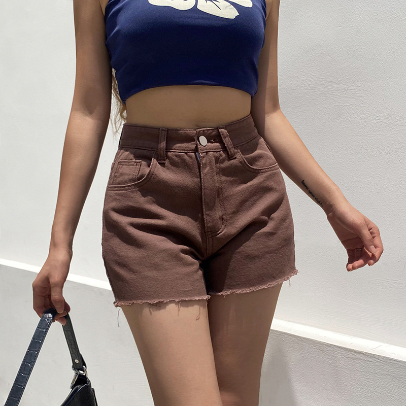 Brown denim shorts women Europe and the...