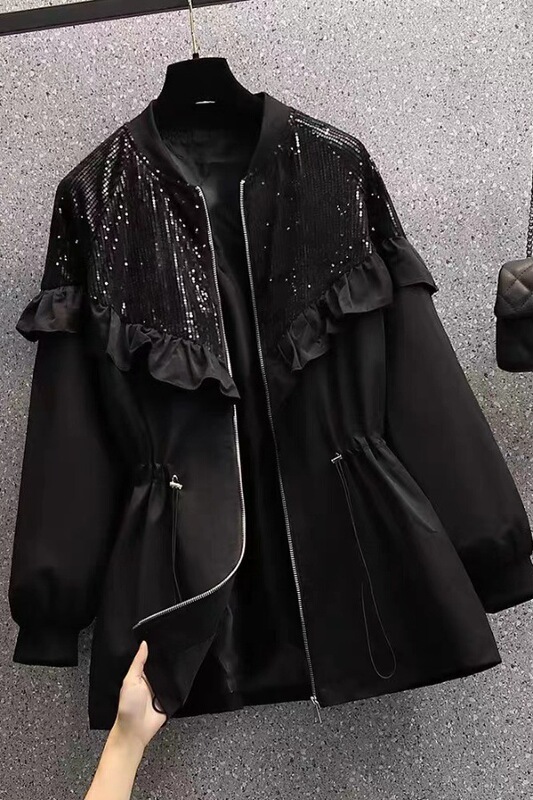 2025 Spring and Autumn New Popular Fashion Wood Ear Lace Sequin Tops Women's Casual Tops Early Autumn Waist Windbreaker