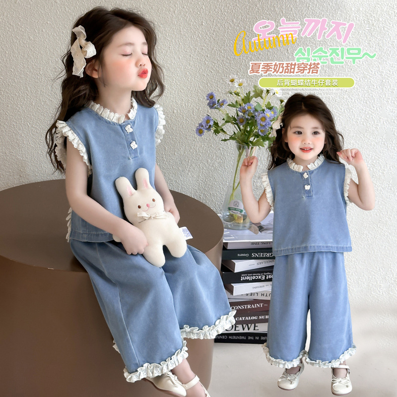 Foreign Trade 2026 New Style Girls' Lace Denim Suit Children's Korean Fashion Stylish Little Girl Two-Piece Summer Outfit
