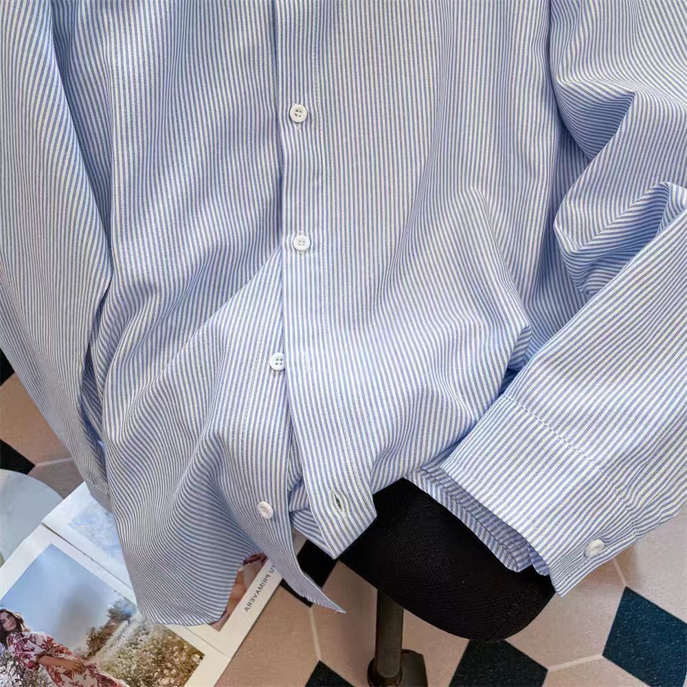 Camicia a righe da donna con ricamo giacca casual a strati_voghion.com
