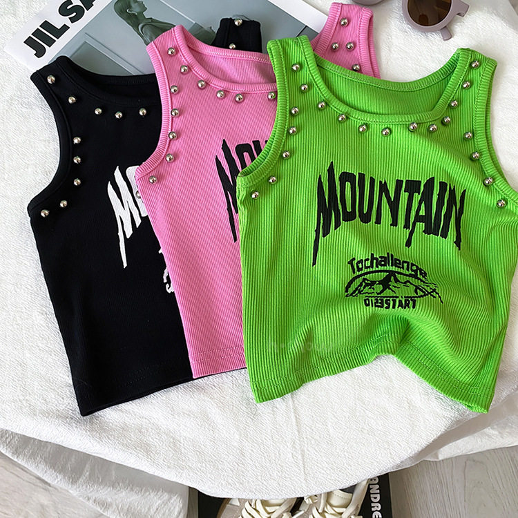 Women's Children's Tank Top with Bead Embroidery for Older Children, Versatile Backless Top, Fashionable Short-Sleeve Children's Shirt, Style 0050A007