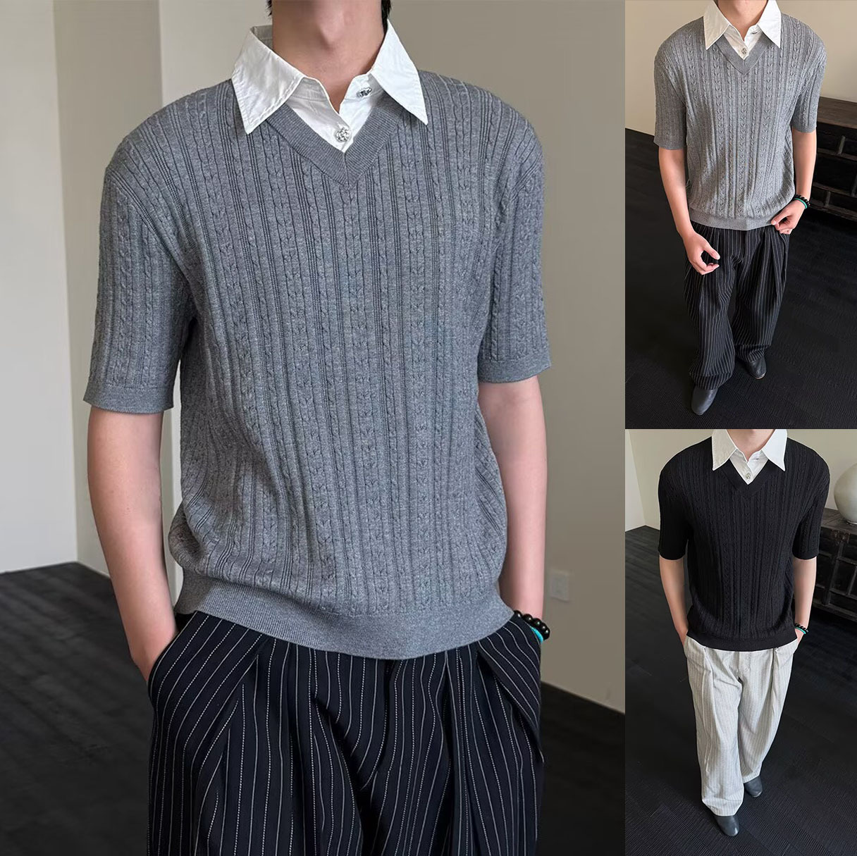 Polo camisa de punto camisa de mangas cortas hombre solapa falsa dos piezas camisa de torsión cuello vieja camisa de estilo de dinero fábrica transfronteriza al por mayor