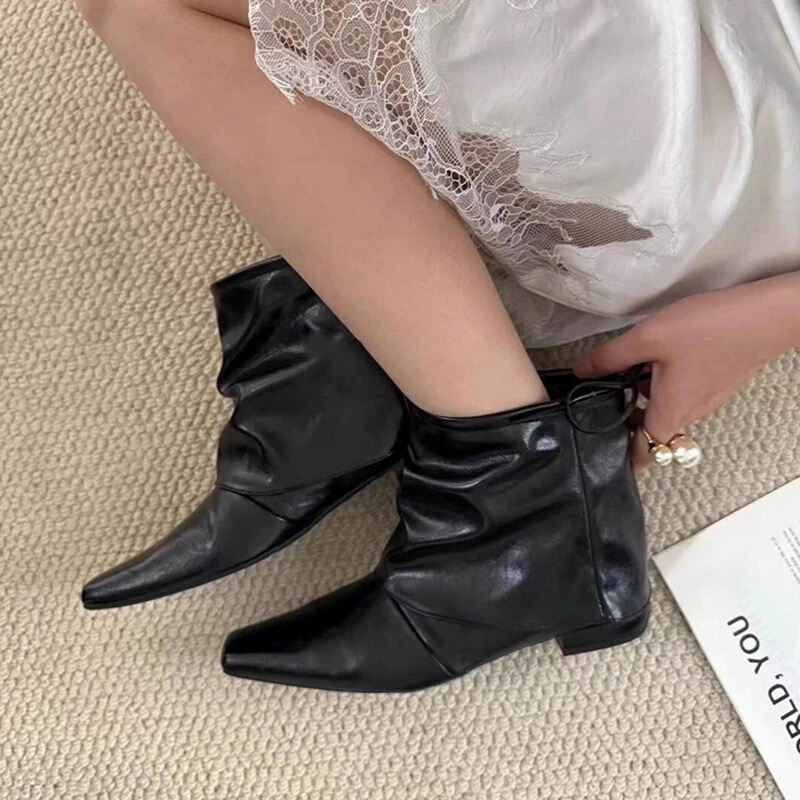 牛皮版~韩系小众褶皱感方头蝴蝶结时装裤管靴短靴女粗跟宽筒女靴|undefined