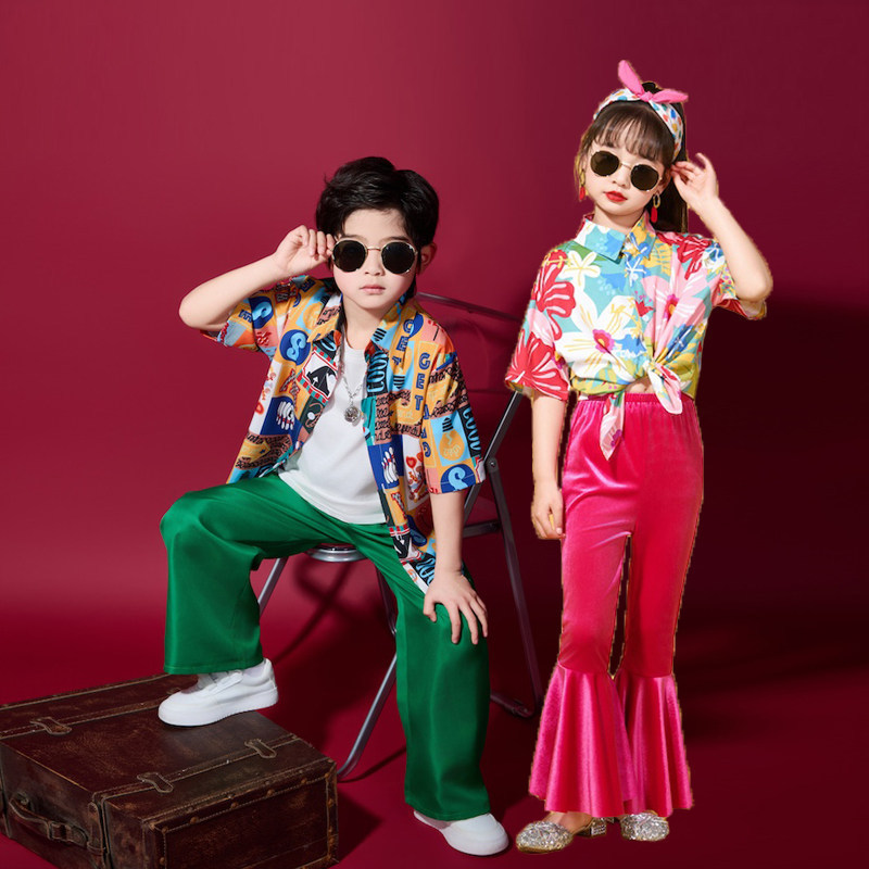 Children's cheerleading performance outfit, elementary school sports day set, Hong Kong style shirt, bell-bottom pants, 90s style for girls