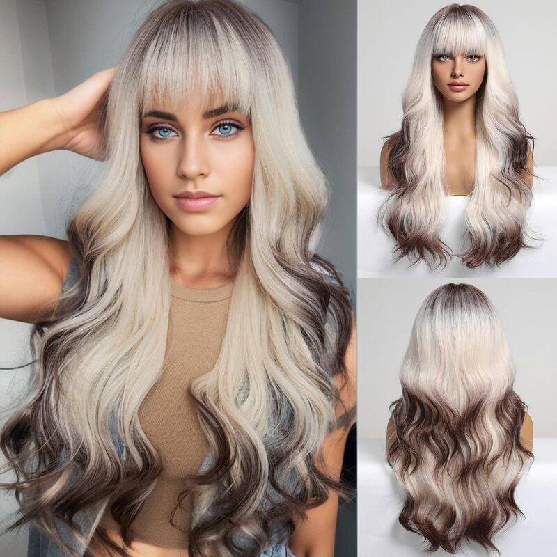 European and American fashion wig women's chemical fiber big wave head cover can be neat can be oblique with bangs long curly hair wig women