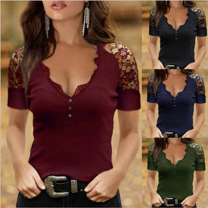 Cross-border Summer Amazon New European and American Women's Sexy Deep V Lace Collar Lace Short-sleeved T-shirt Slim-fit Top Women Cross-border Summer Amazon New European and American Women's Sexy Deep V Lace Collar Lace Short-sleeved T-shirt Slim-fit Top Women