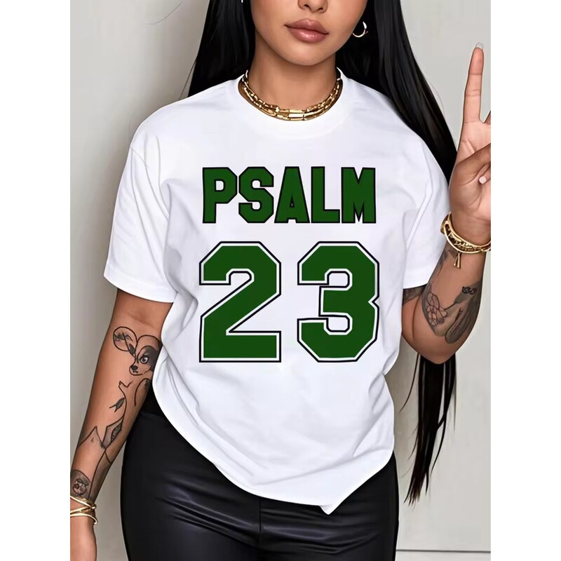 Psalm 23 Jersey High-Quality Summer Casual Short-Sleeve Round-Neck T-Shirt with Bold Green Lettering for Women Psalm 23 Jersey High-Quality Summer Casual Short-Sleeve Round-Neck T-Shirt with Bold Green Lettering for Women