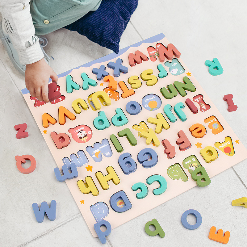 Madera infantil letras mayúsculas y minúsculas cognitivo estereoscópio puzzle board educación temprana palabras deletreza iluminación juguetes de ayuda educativa