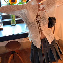 韩版时尚新款抽绳系带蕾丝衬衫女2024春季新款喇叭袖辣妹打底上衣