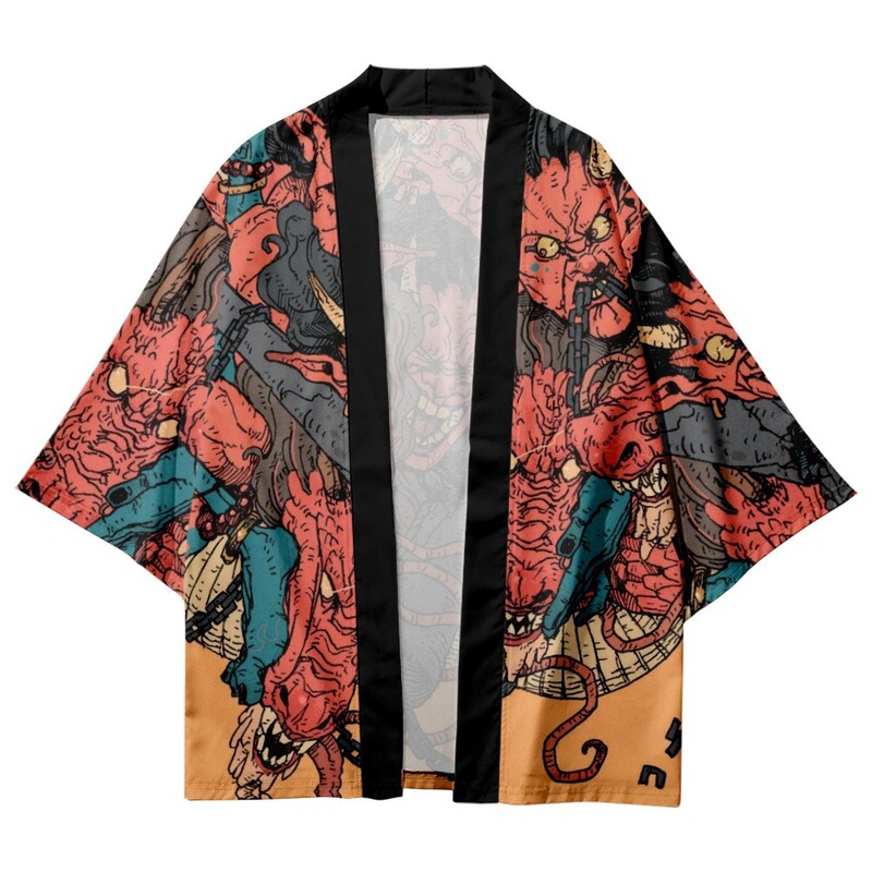 2023 summer kimono cross-border ukiyo-e 3D printed cropped shirt robe cardigan loose Men's Feather woven