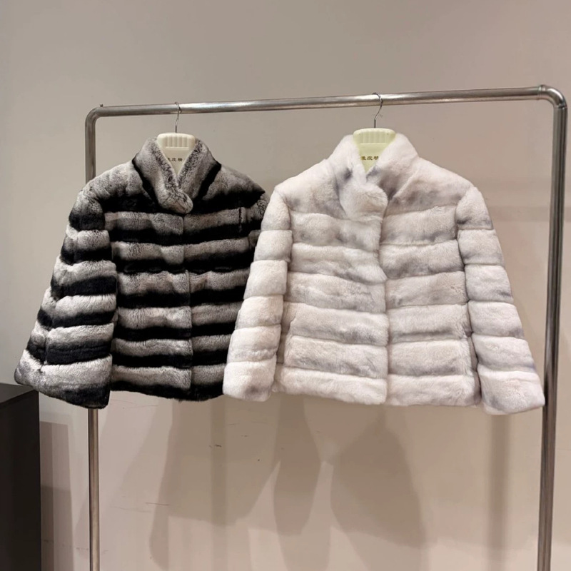 New winter imported Rex rabbit fur coat for women, short style with stand-up collar, youthful and stylish, slimming and fashionable