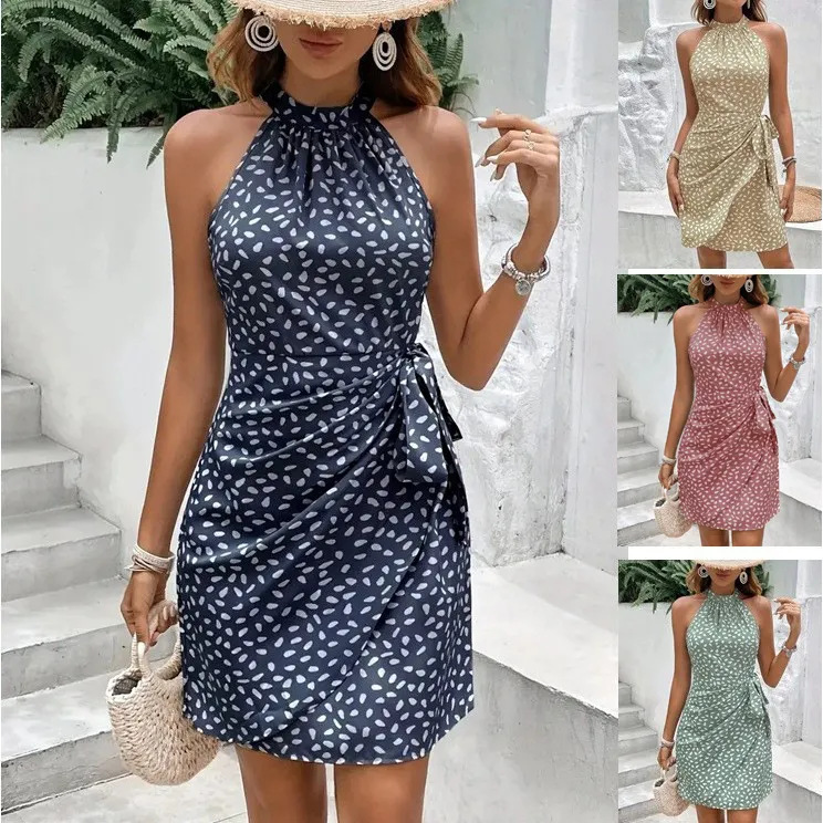 2026 European and American Cross-Border Women's Summer Fashion New Style Halter Neck Zipper Sleeveless Floral Pleated Short Dress Amazon