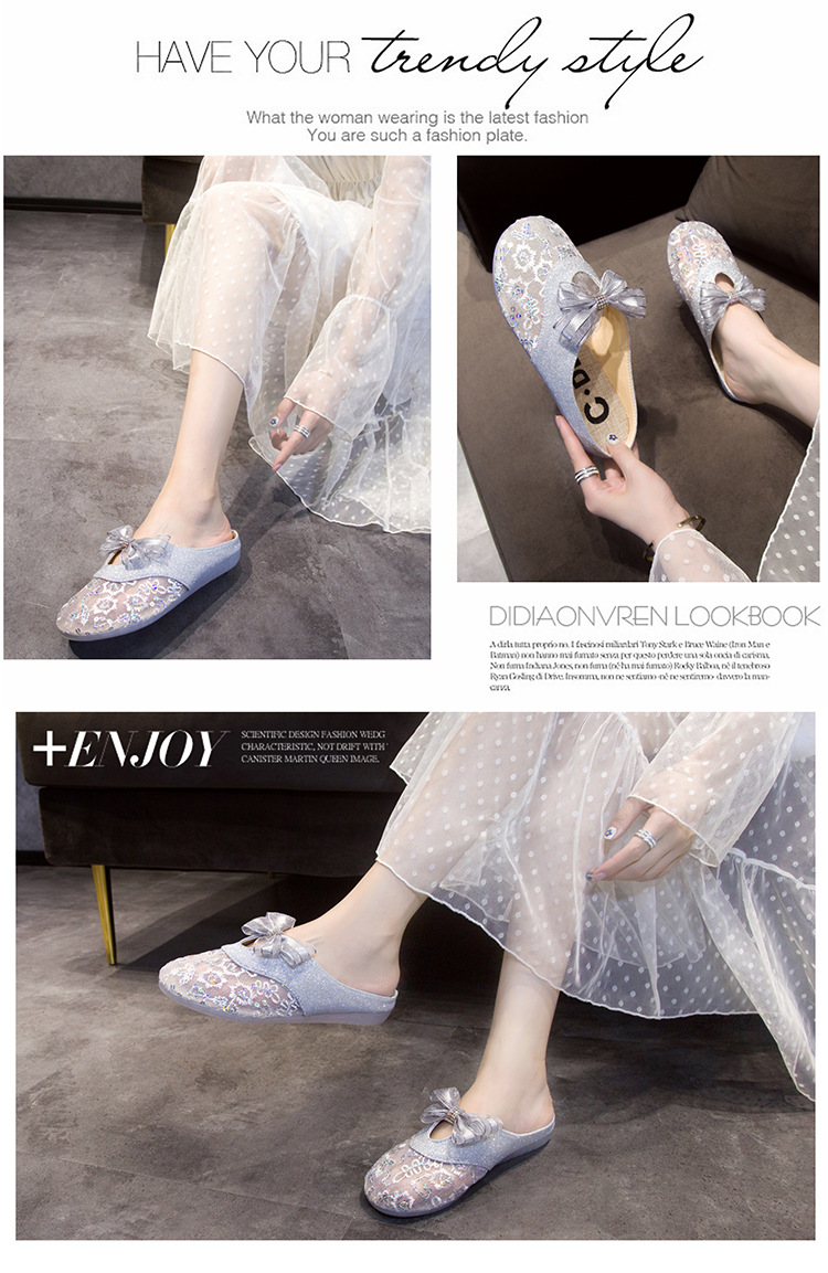 Zapatillas De Mujer Ropa De Abrigo Verano Nueva Malla Transpirable Lazo Baotou Estilo De Hada Plana Perezosa_voghion.com