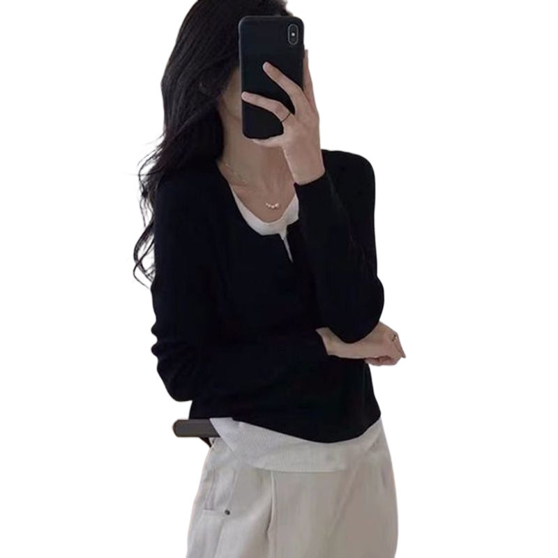 设计感不规则韩版黑色假两件领内搭打底衫春秋修身长袖上衣女|undefined