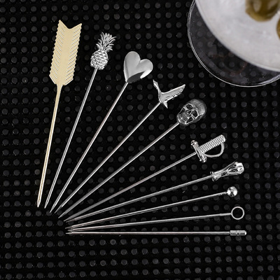 跨境货源不锈钢鸡尾酒针酒签果汁饮品装饰签酒吧调酒工具艺术果签|ms