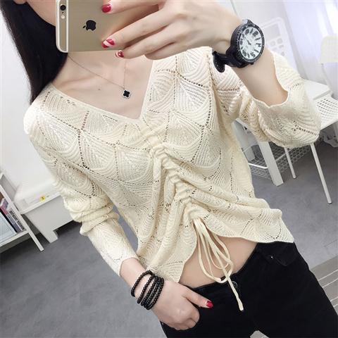 2025年春装新款女装宽松V领时尚镂空针织毛衣罩衫女士懒慵上衣潮