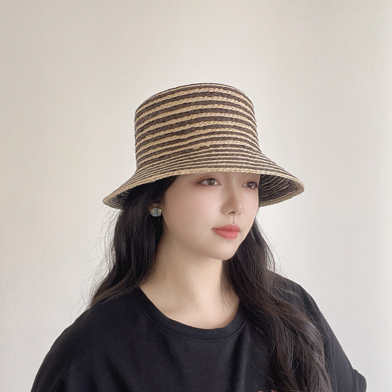 Hepburn Style Striped Raffia Flat Top Hat For Women Sun Hat_voghion.com