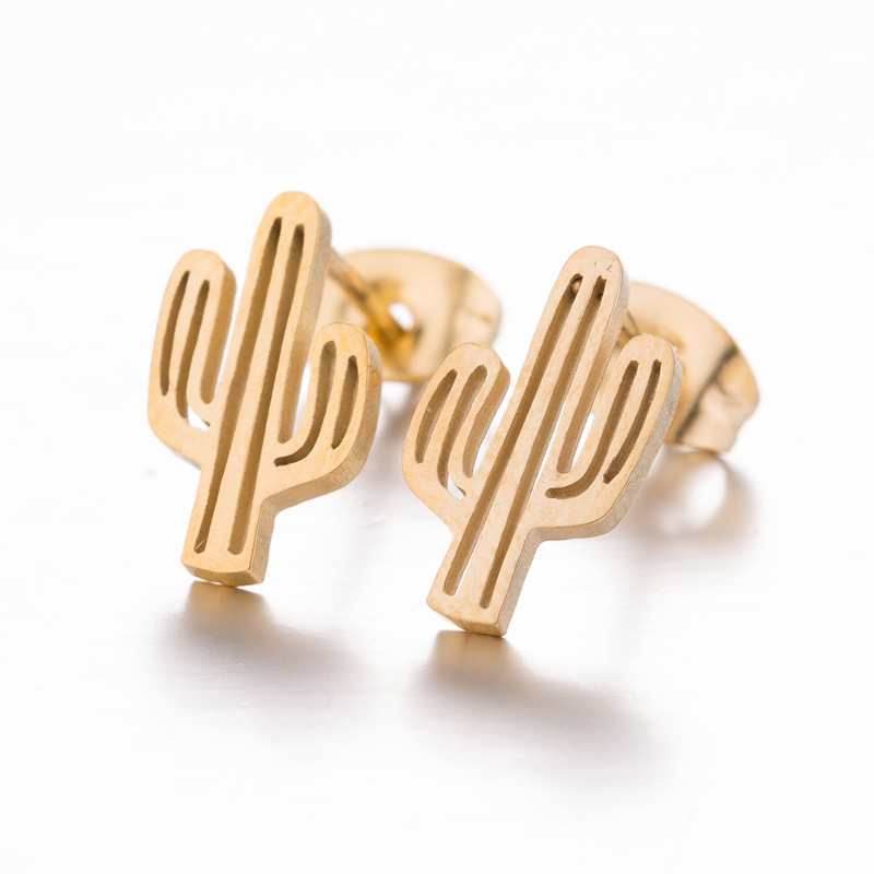 Daily Occasion 304 Stainless Steel Material Cactus Pattern PVD Coated 18K Gold Real Gold Plated Cactus 304 Stainless Steel Fashion Waterproof Non Tarnish Ear Studs