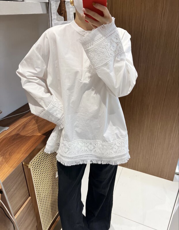 Hollow Lace Splicing Shirt, Fashionable Stand-Up Collar Long-Sleeved Shirt, Loose Tassel Silhouette, Hollow Long-Sleeved Shirt 172