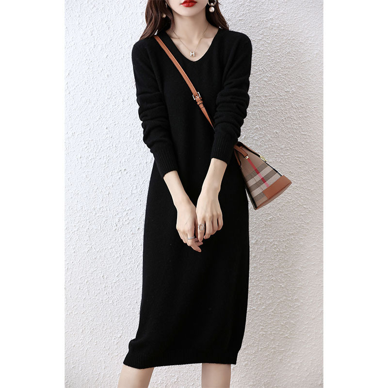 First-Line Garment Seamless Pure Wool dress Long Knee Sweater Dress Women's V-Neck Pullover Long-Sleeved Knitted Skirt