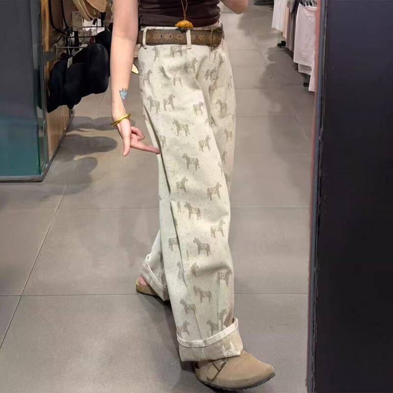 Pony Print Loose Straight-Leg Jeans for Women, New Summer Style, Khaki High-Waisted Narrow Wide-Leg Pants, Soft Denim Pony Print Loose Straight-Leg Jeans for Women, New Summer Style, Khaki High-Waisted Narrow Wide-Leg Pants, Soft Denim