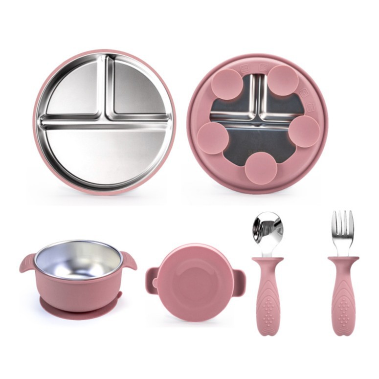 진한 핑크 4종 세트 - 스테인리스 접시 (실리콘 커버 포함) + 스테인리스 실리콘 볼 + 스테인리스 포크/스푼