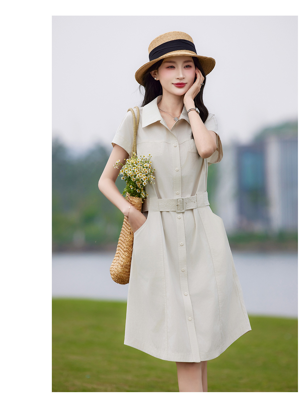 Đầm polo nữ cổ bẻ thắt eo dáng suông midi mùa hè — màu xanh nhạt, màu trắng ngà chi tiết 19