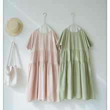 日系云花皱日晒干燥棉大摆短袖连衣裙森系宽松甜美减龄大码袍子裙