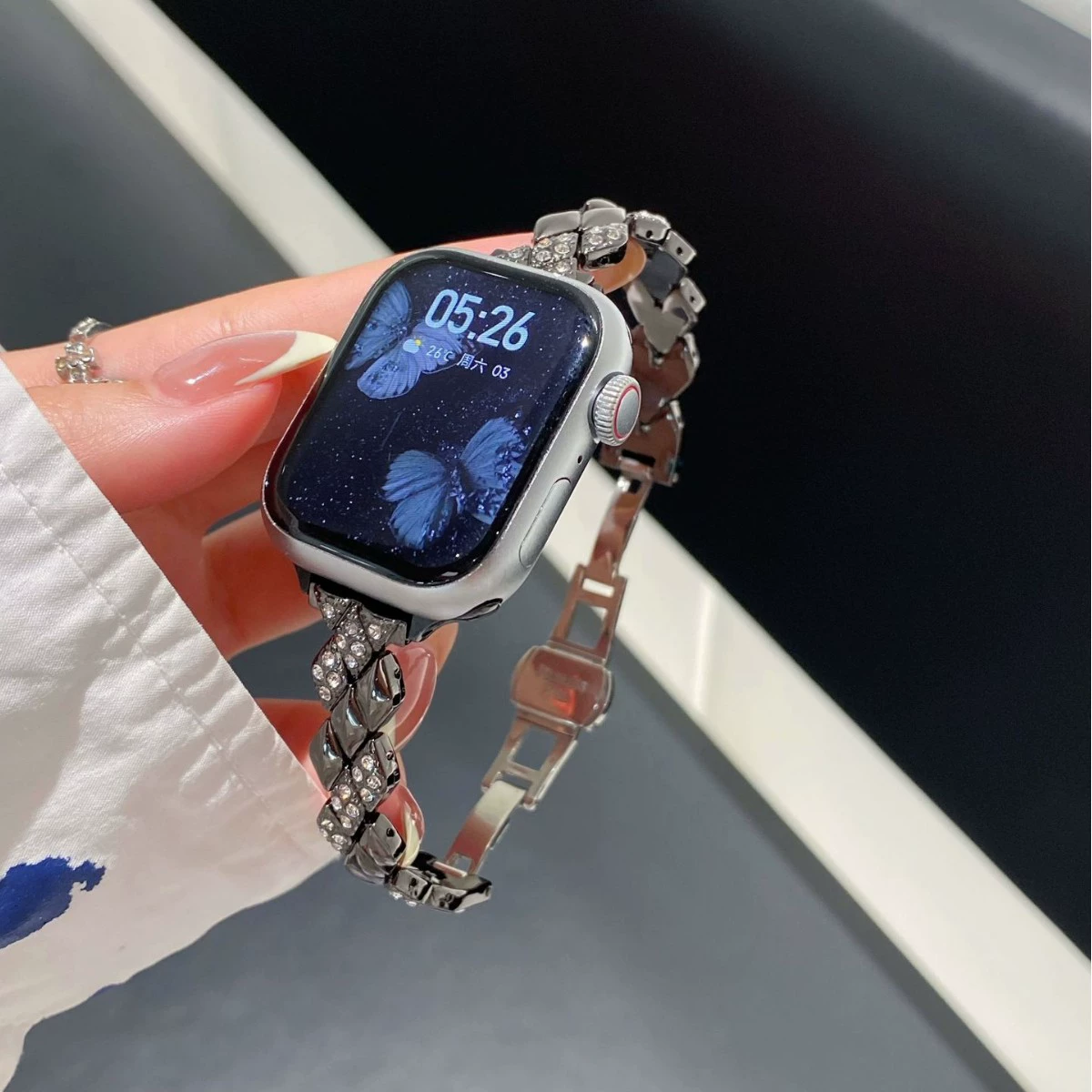 Применимо к ремешку Apple Watch iwatch8/SE, ремешок Xiaomi 8/9/10, змеиная бриллиантовая металлическая лента 20мм, кросс-бордер 22