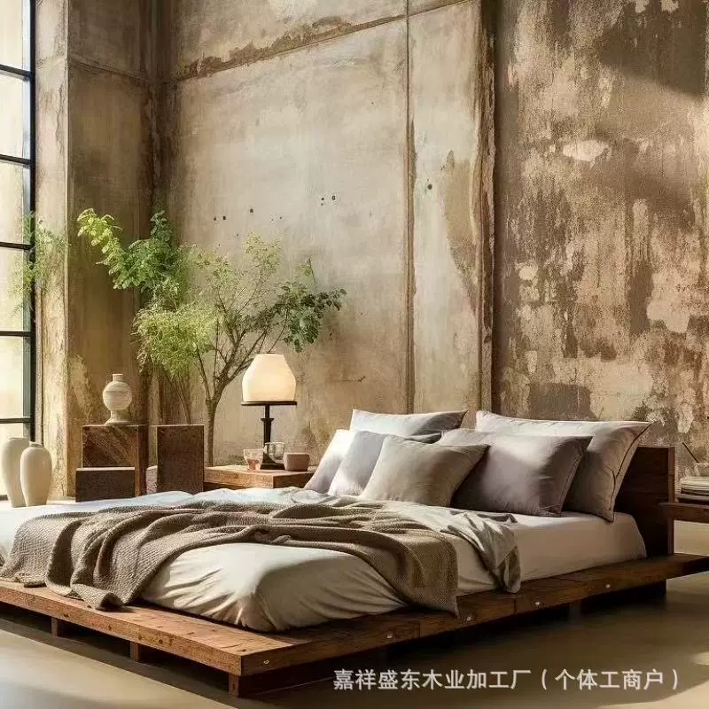 禅意中式老榆木床民宿酒店实木床老榆木双人床榻榻米家用婚床