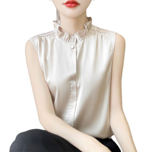 Women's silk chiffon mock neck camisole with mushroom edge, thin silk satin fabric, sleeveless blouse with floral edge for spring and summer.