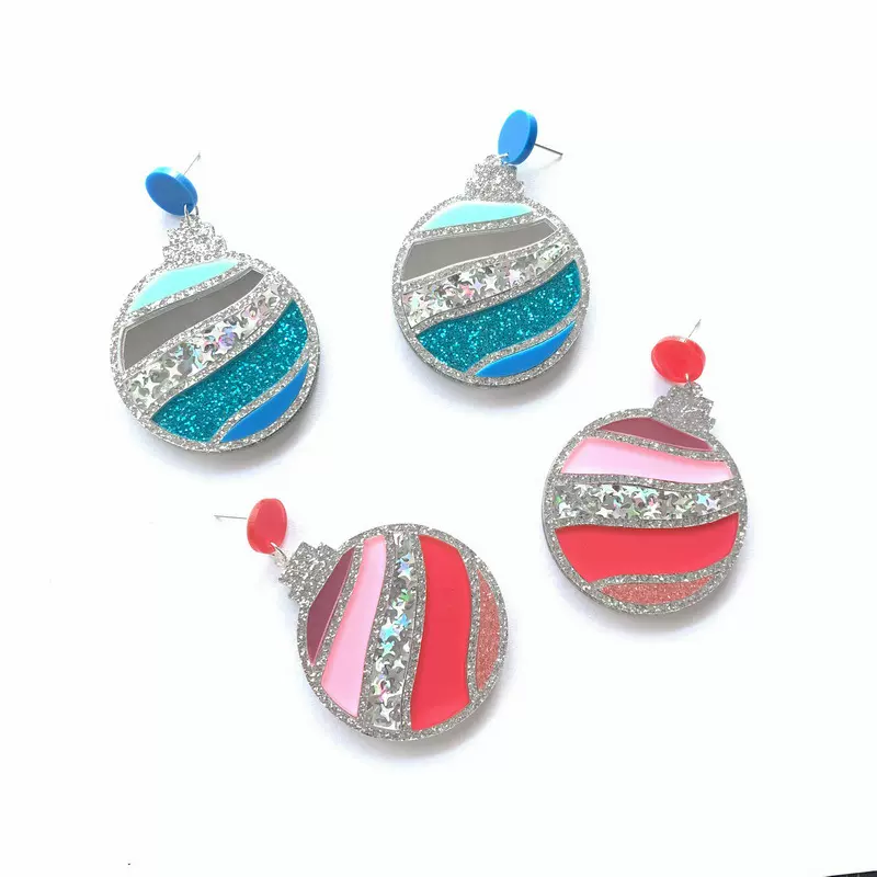 跨境欧美个性夸张时尚圣诞节亚克力双层拼色圣诞球耳环耳钉饰品女