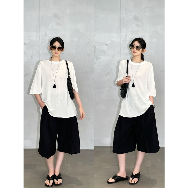 Nanyu Row Cocoon-Shaped Oversized Heavy-Duty Rolled-Edge Mid-Sleeve Top for Women, Loose and Minimalist Style Knitwear for Summer